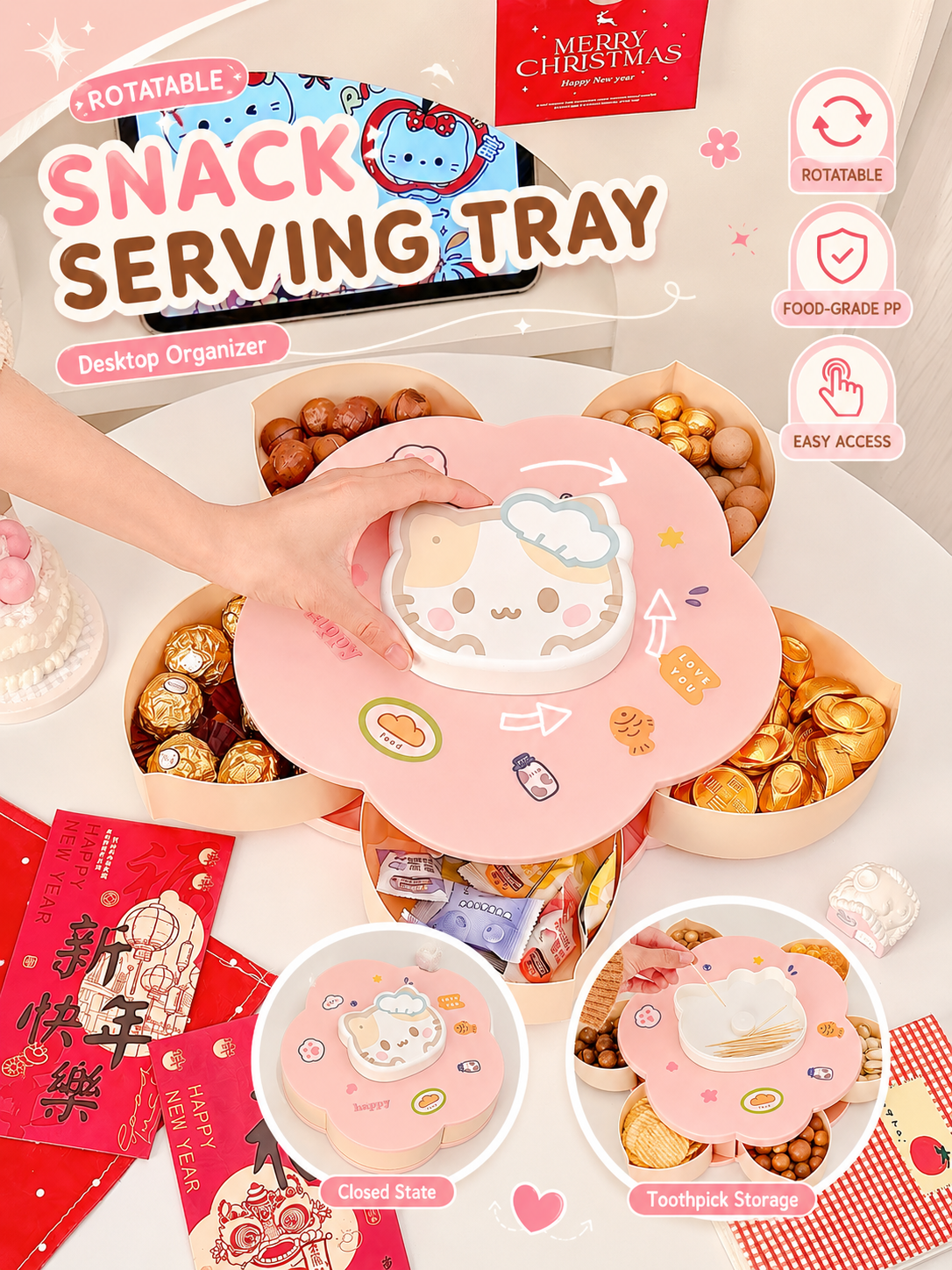 Food Snacks To Eat - Rotatable Cute Cartoon Divided Snack Storage